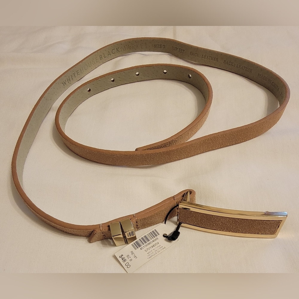 White House Black Market Tan Leather Belt with Gold Accent